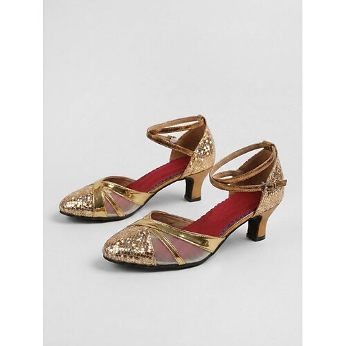 Schwarze, gepunktete Damen-Ballsaal-Tanzschuhe – elegante, geschlossene Latein-Pumps mit atmungsaktivem Mesh-Einsatz Gekreuzter Knöchelriemen für Walzer, Tango, Foxtrott Gesellschaftstanz Image