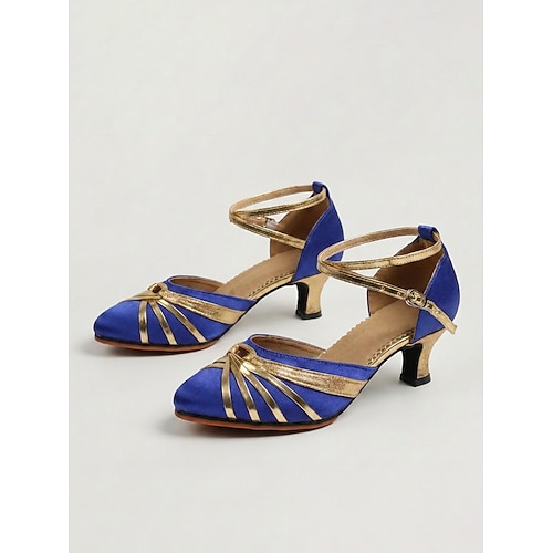 Königsblaue Satin-Tanzschuhe für Damen – elegante, farblich abgesetzte Salsa-Schuhe mit gekreuztem Knöchelriemen für Tango und Bühnenauftritte Gesellschaftstanz Image