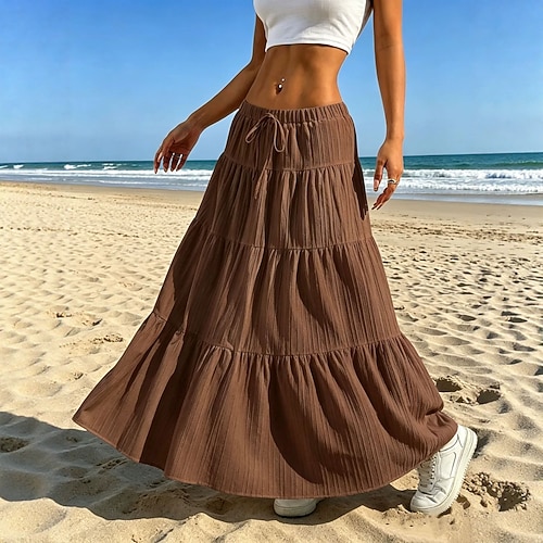 Damen Urlaubsrock Elegant Bohemien Midi Hohe Taille Röcke Dunkelbraun Schwarz Weiß Rosa Sommer Image