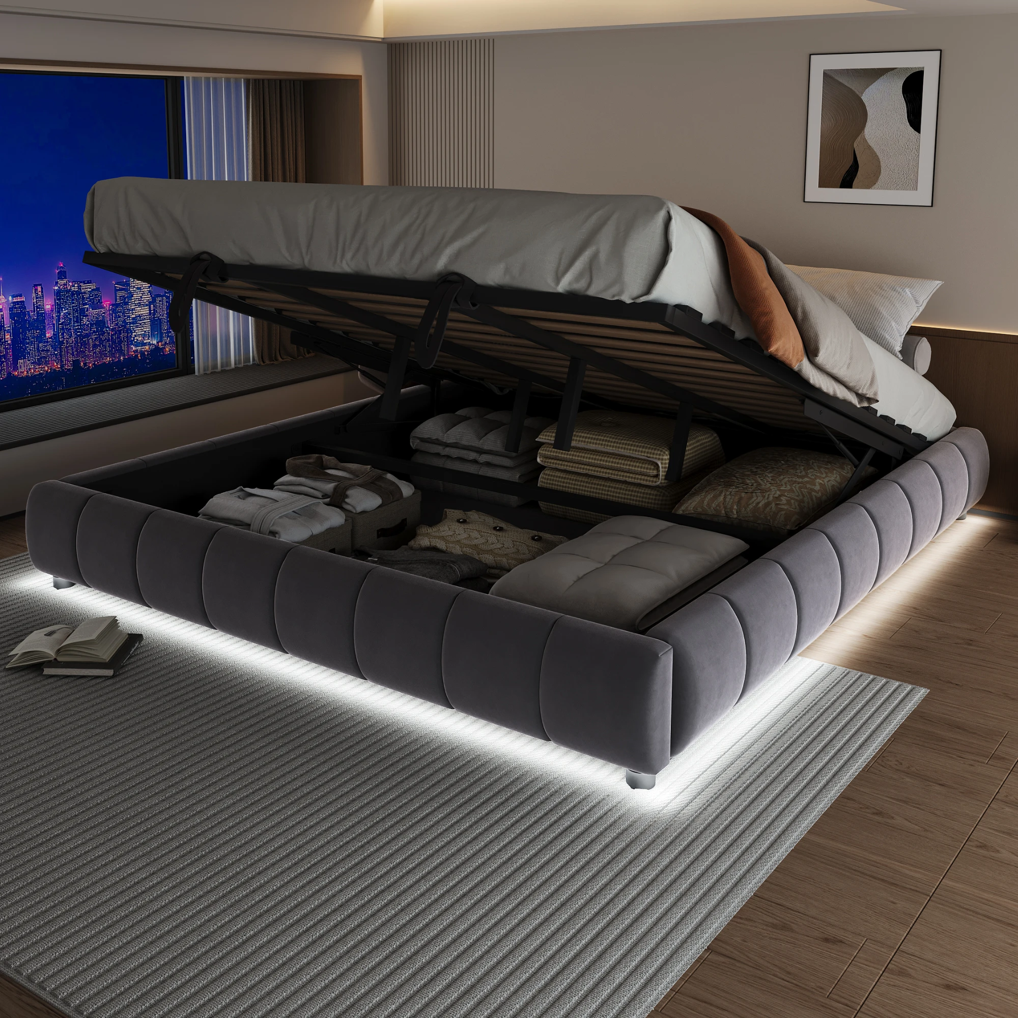 Polsterbett 180x200 mit Bettgestell und Lattenrost,Jugendbett mit LED-Lichtleiste,Einzelbett ohne Kopfteil und Matratze,Grau Image