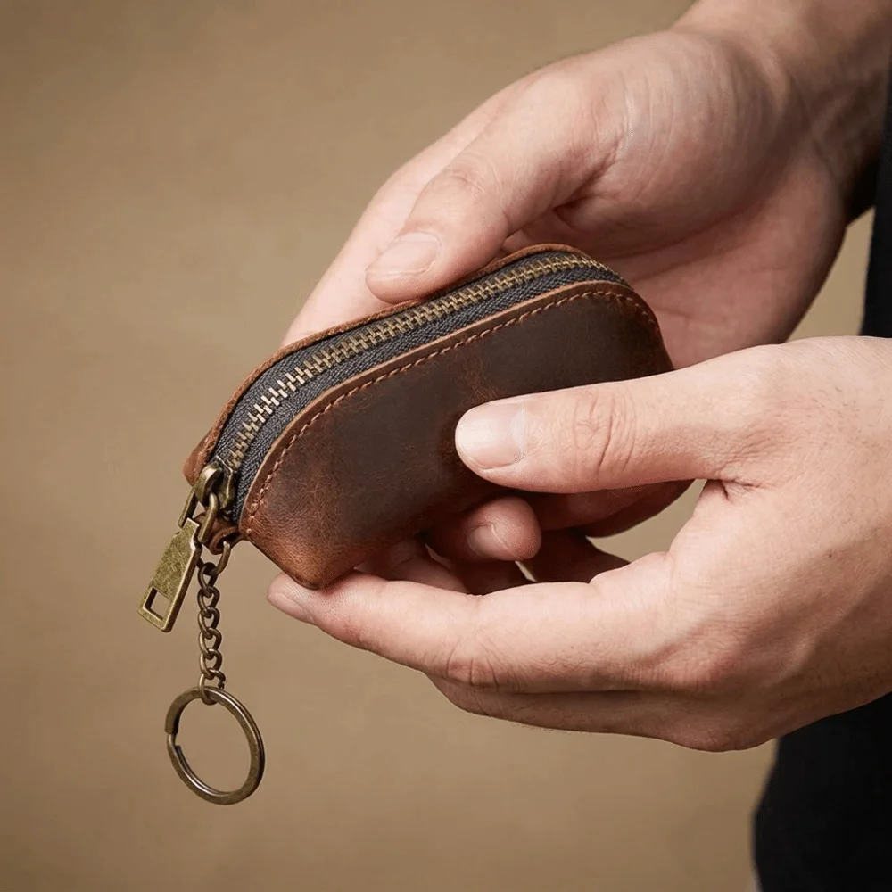 Porte-monnaie mini portable en cuir anti-perte avec fermeture éclair, pochette fine pour hommes, porte-clés, porte-cartes de crédit, sac à clés de voiture de couleur unie, pour le shopping