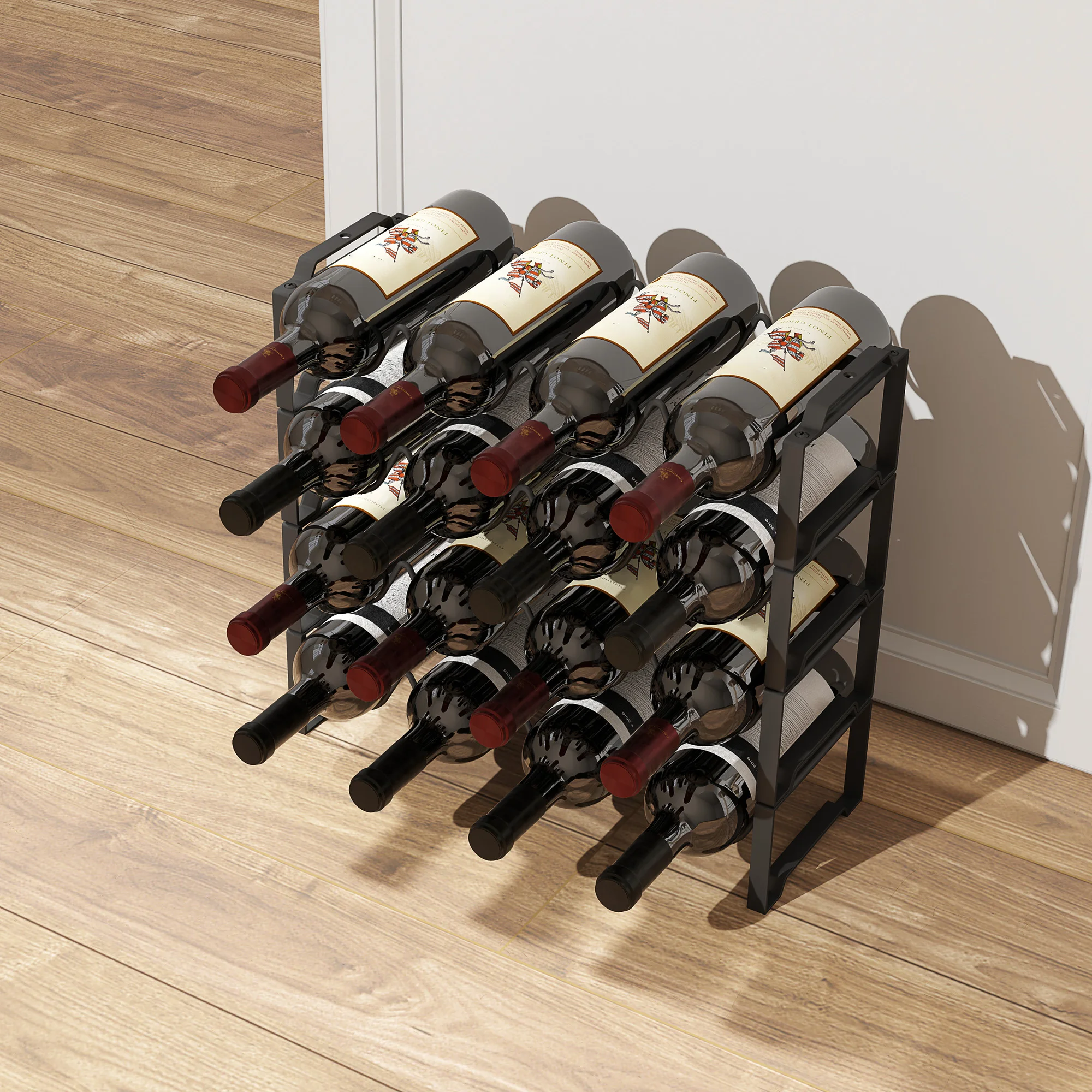Casier à vin, casier à vin pour 16 bouteilles, casier à vin en métal à quatre niveaux, 42,5 × 16,5 × 41 cm, adapté à la cuisine et à la salle à manger, noir