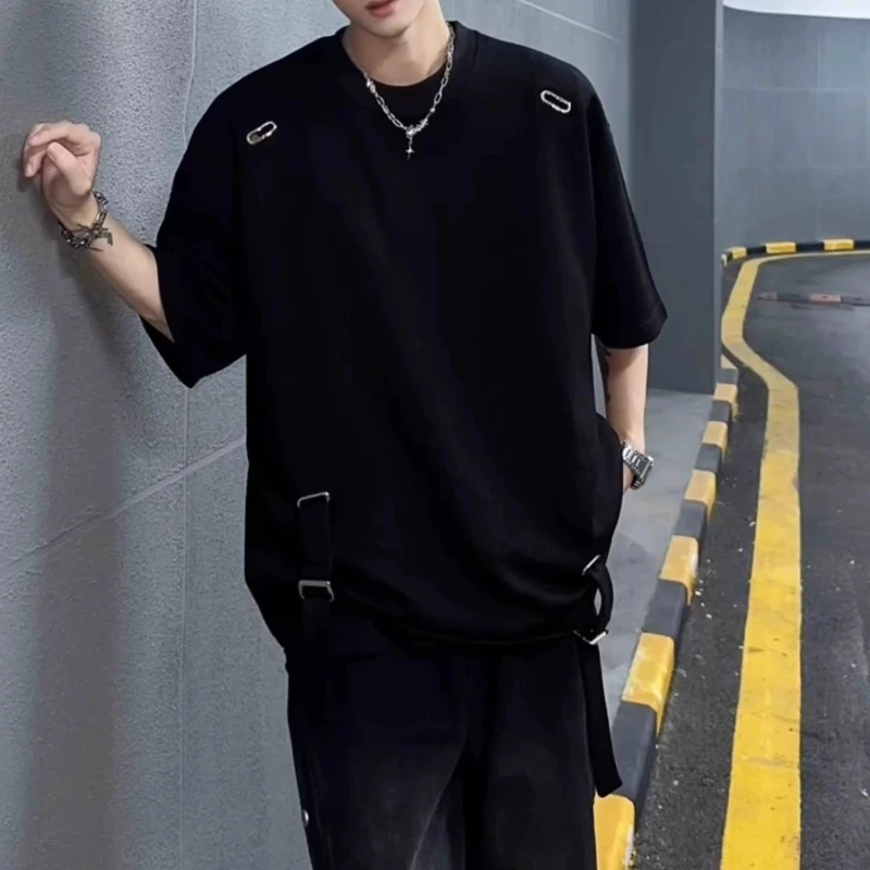 T-Shirts für Herren in Unifarben mit Bandagen-Design, Kurzarm, Locker Geschnitten, Sommer-Streetwear, Stylisch Hip-Hop, Modisch mit Löchern, College-Kleidung