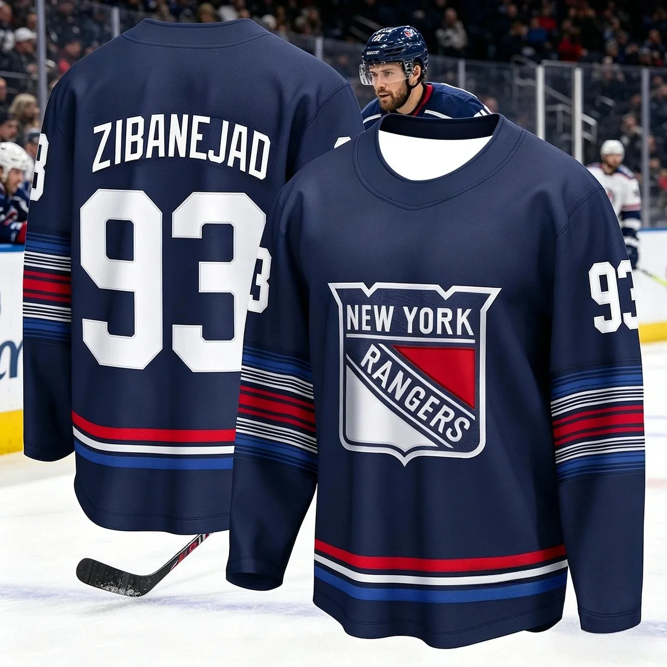 2026 Herren New York Rangers Zibanejad 93 Eishockey-Trikot Marineblau Langarm-Uniform für Fans und Spieler