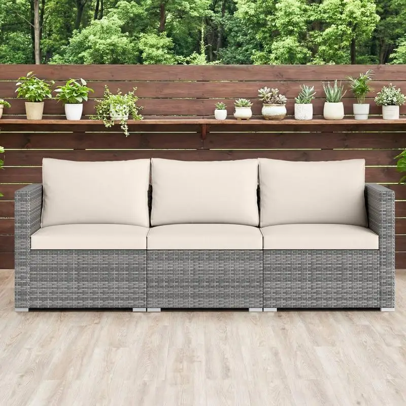 3-teiliges modulares Outdoor-Sofa-Set, Garten-Lounge-Set aus PE-Rattan mit weichen Kissen, beiges Konversations-Set