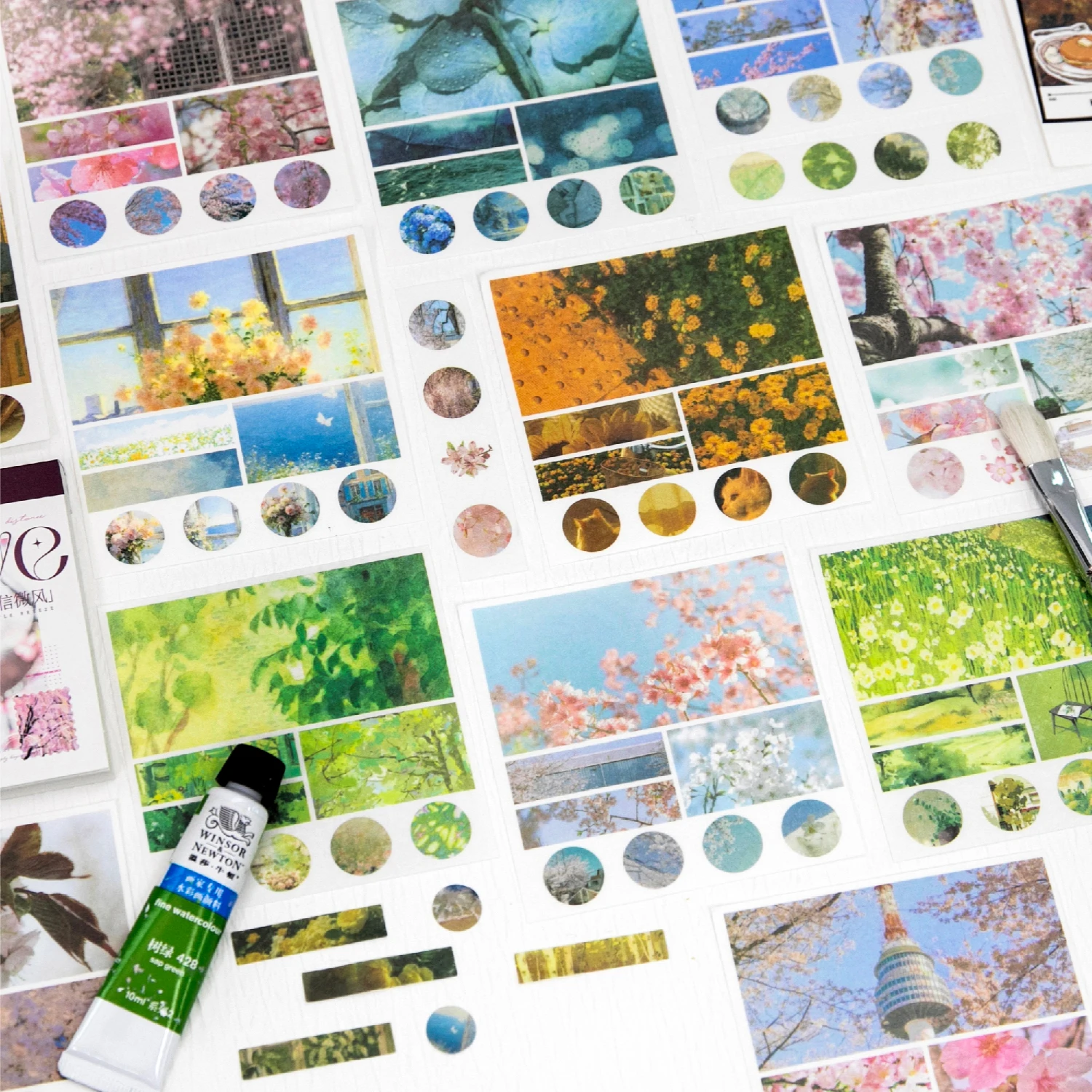 40 Stück Sakura & Natur-Landschaft Washi-Papier-Aufkleber, Ästhetisches Blumen- und Landschafts-Dekorationsset für Tagebücher Image