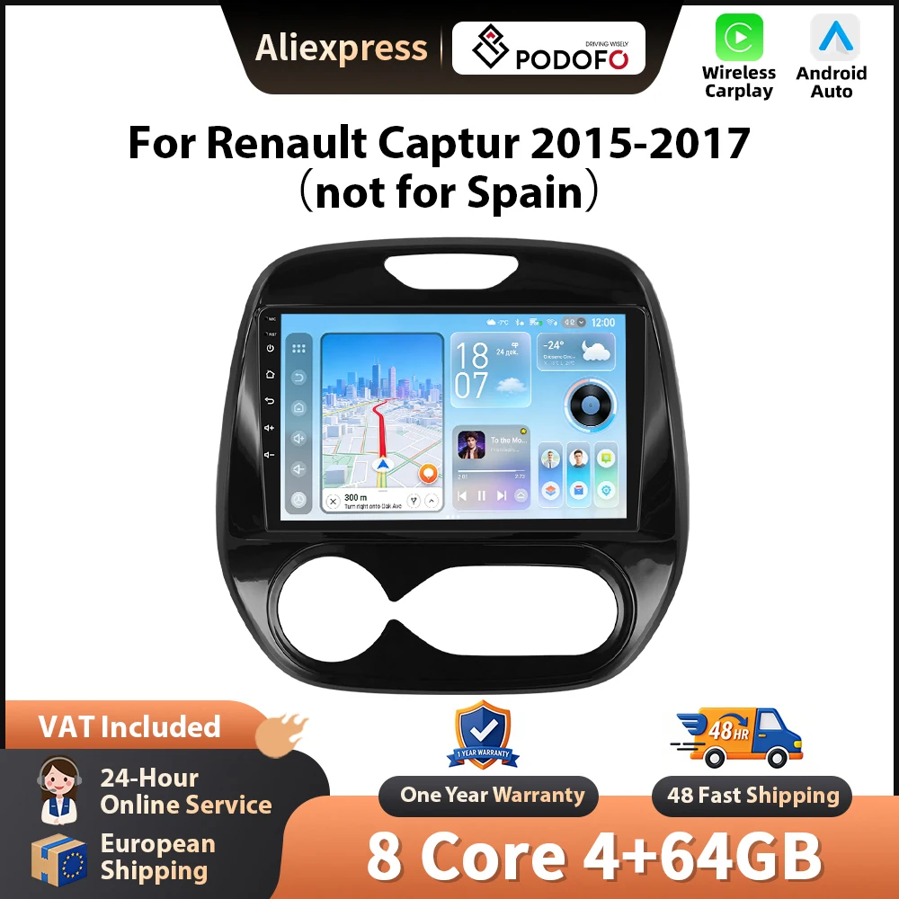Podofo 9'' Wireless CarPlay Autoradio für Renault Captur 2015-2017 Android GPS Navigation Autoradio FM/RDS BT EQ Car Player Image