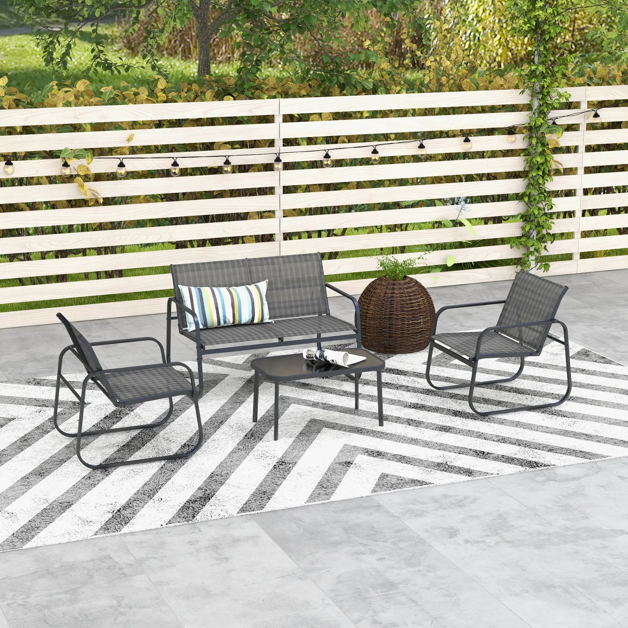 Garten-Sitzgruppe mit 2 Sesseln, 2-Sitzer-Sofa, Tisch mit Glasplatte, atmungsaktivem Stoff und schwarzem Metallgestell – 4-teilig.