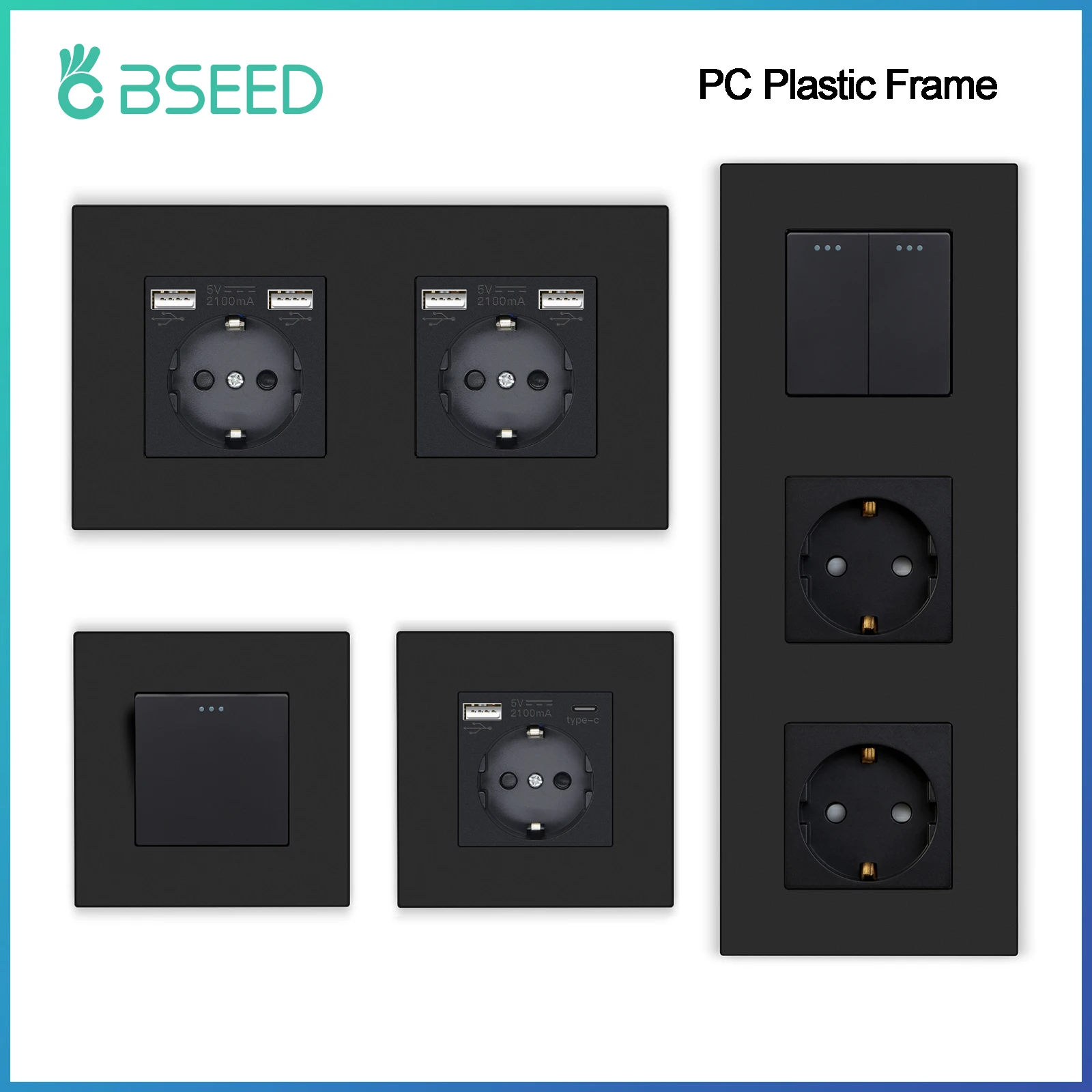 BSEED EU-Tastenschalter mit Steckdose, 1/2/3 Gang, 1-Wege-Steckdosen mit USB Typ-C-Wandsteckdose, 16 A Kunststoffplatte Image