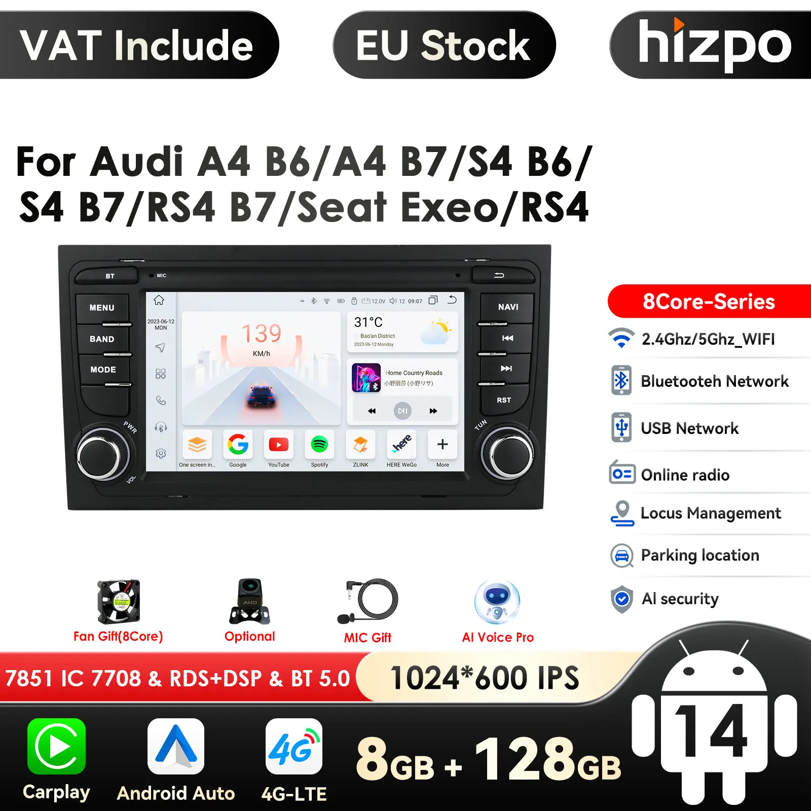 4G-LTE Carplay 7 Zoll Android Autoradio GPS für Audi A4 B9 B8 B7 B6 S4 RS4 SEAT Exeo Multimedia RDS 2 Din Autoradio Stereo Video Image