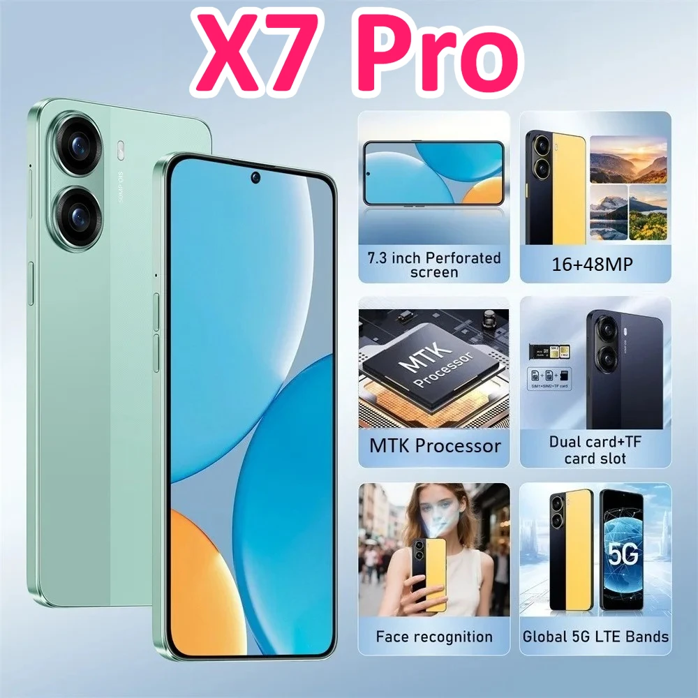 Téléphones mobiles Smartphone Android Smartphone 5G Téléphone portable X7 Pro 7,3 pouces 16+48MP 22GB+2TB Batterie 7800mAh Déverrouillé Double SIM GPS pour l'extérieur