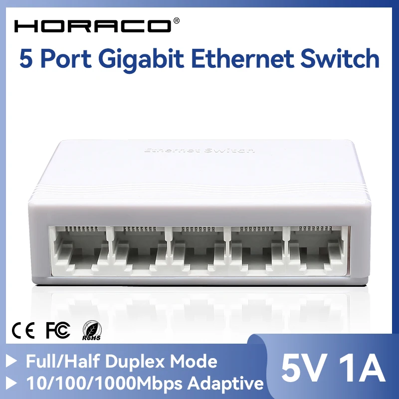 HORACO 5-Port Gigabit Netzwerk-Switch Unmanaged 1000M Mini-Switch Desktop Plug-and-Play Ethernet-Switch Image