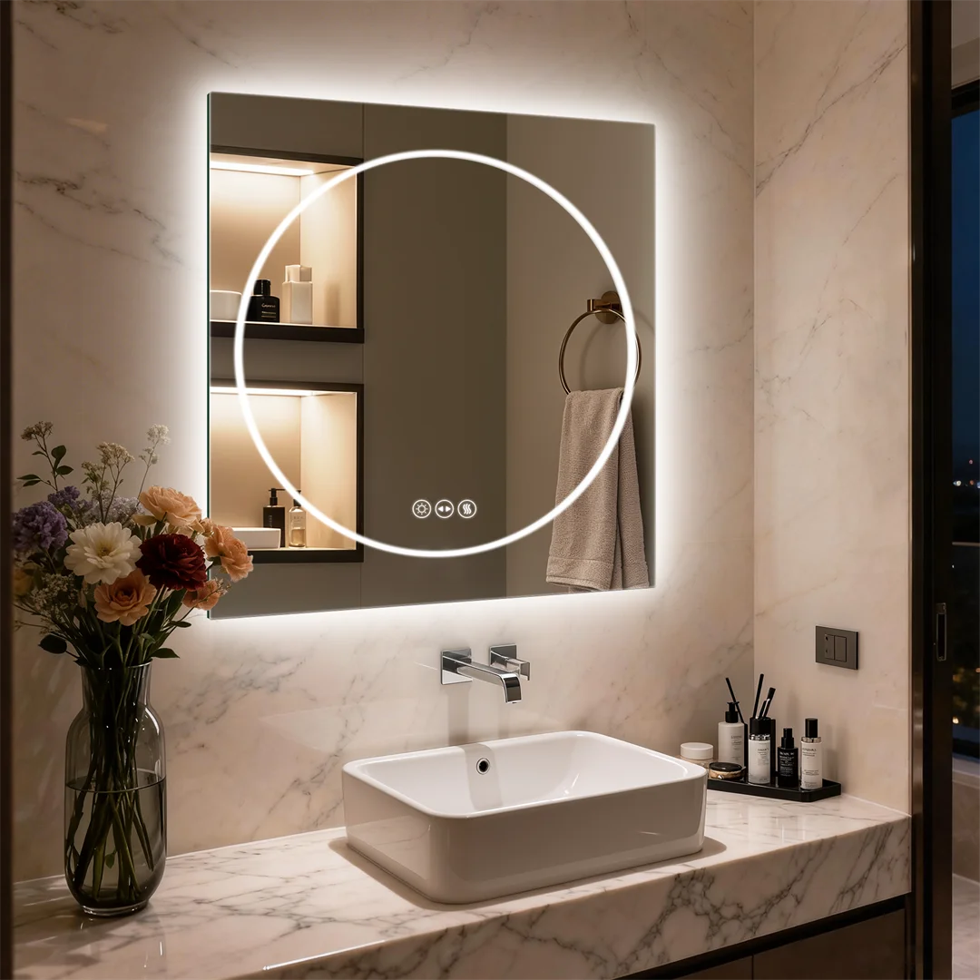LUVODI 24x32 Zoll Moderner Smart-LED-Badezimmerspiegel, quadratisch-ovaler Wandspiegel aus gehärtetem Glas mit Hintergrundbeleuchtung, dimmbarer, beschlagfreier, kreativer Schminkspiegel für das