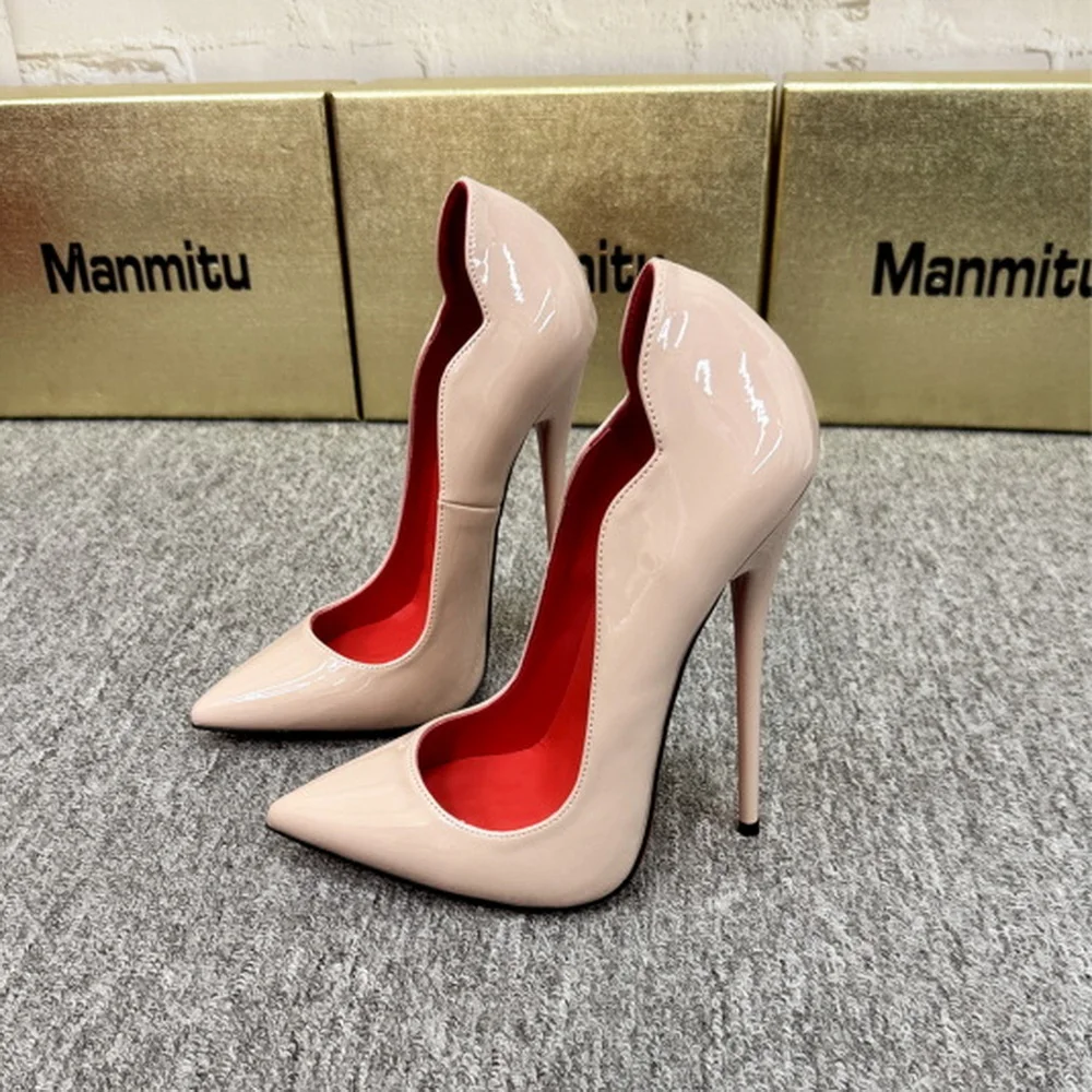 Neue 12/14/16 cm hohe Absätze, Damenpumps, sexy Partyschuhe mit rotem Futter, flacher Slip-On-Schuh mit Wellenrand, spitzer Zehenbereich, Nude, Weiß, individuelle Farben