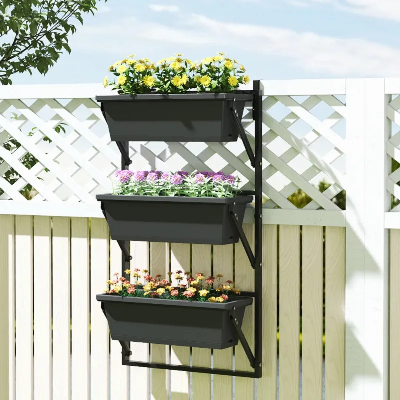 3-stöckiges Vertikales Gartenbeet Erhöhte Hängende Pflanzkästen Kunststoff-Blumentöpfe mit Stahlrahmen Wandhängende Pflanzenhalterung für Erdbeeren und Clematis 100cm Image