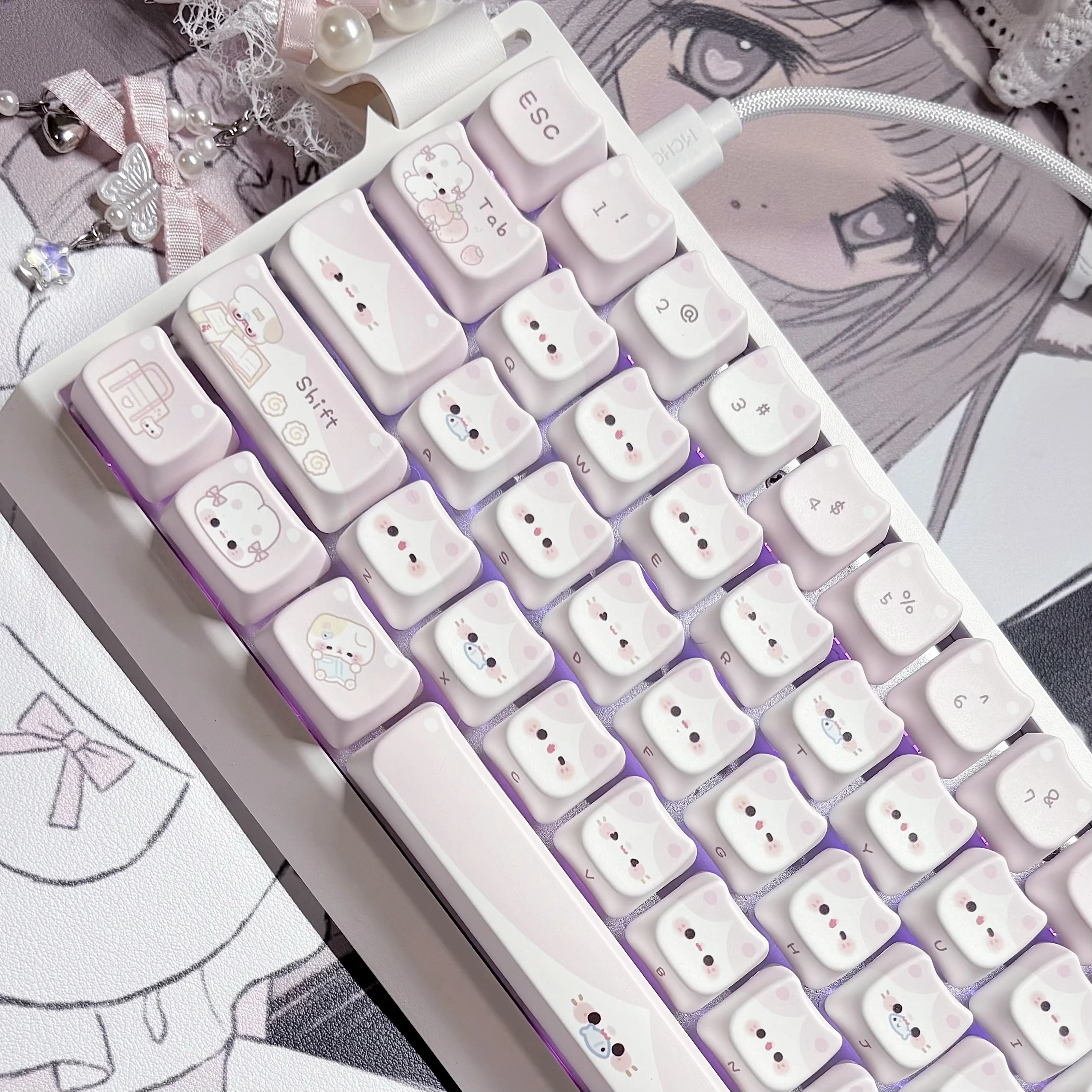 Pudding Meow&Strawberry Meow Theme Tastenkappen-Set PBT MAO Profil Katzenohrform Tastenkappen für mechanische Tastatur Zubehör Geschenk Image