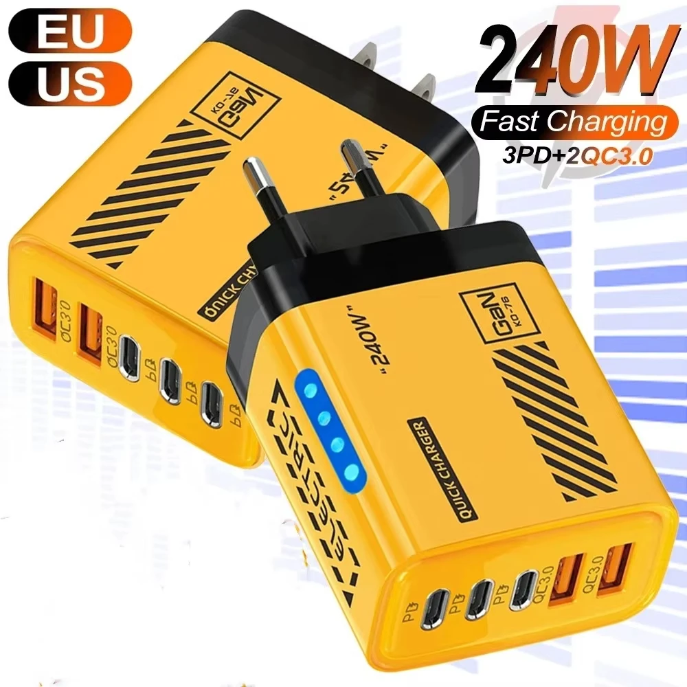 5-in-1 Schnelles Telefonladegerät 240W Typ-C PD Schnellladegerät Telefonadapter EU/US Schnelllade-Stecker für iPhone Samsung Xiaomi Huawei Image