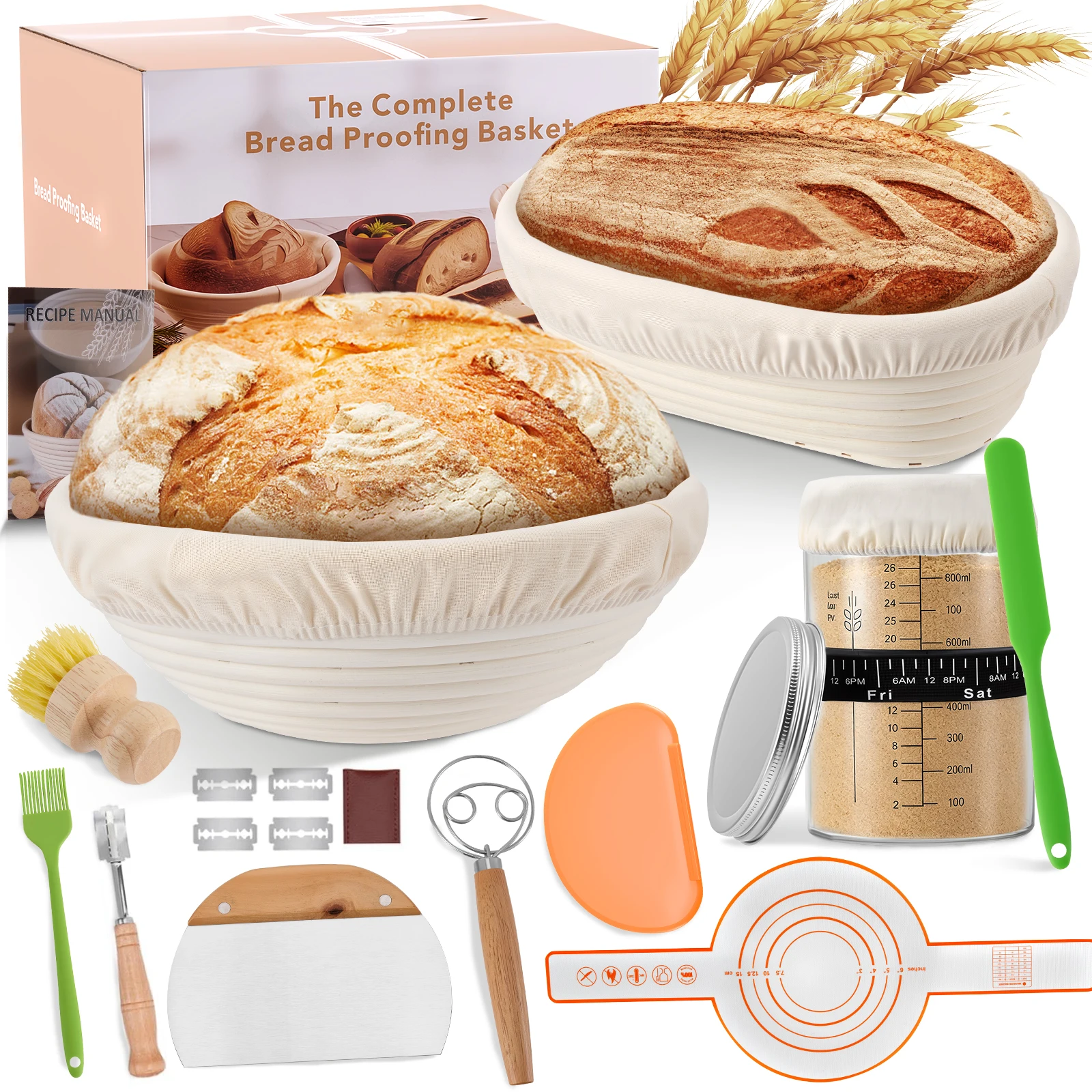 Set per la preparazione della lievitazione naturale (Sourdough) da 21 pezzi, 2 cestini per la fermentazione e contenitore in vetro – Kit completo per la panificazione, cestino in rattan per la