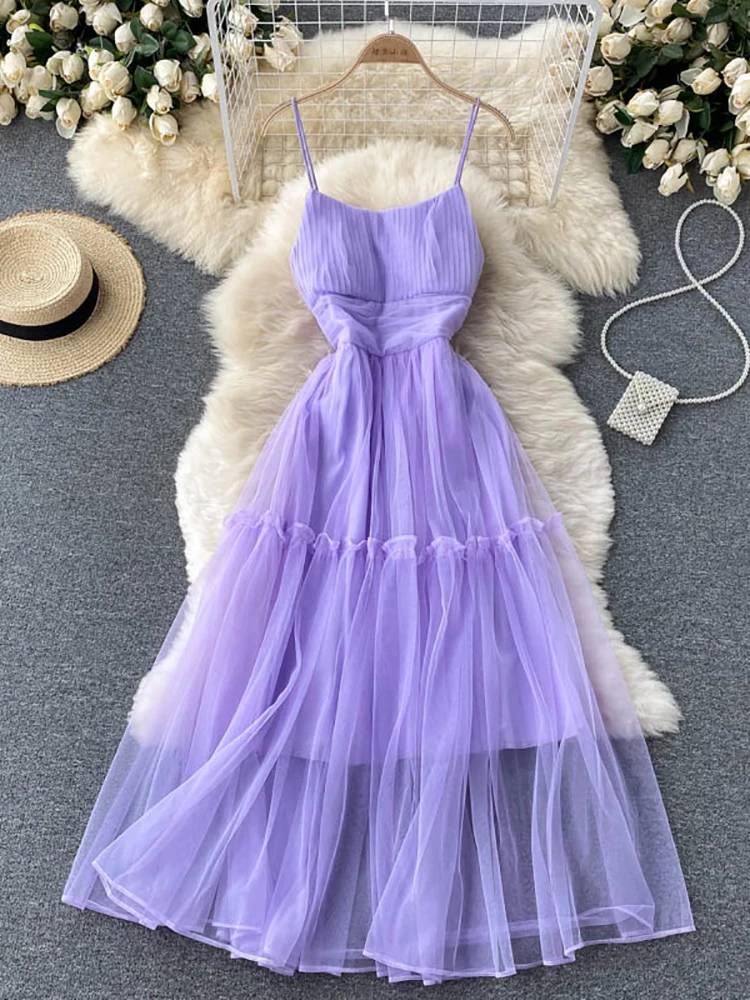 Frauen Sexy Mesh Spaghetti Strap Langes Kleid Sommer Orange/Lila/Blau/Rosa Rüschen A-linie Strand Robe Weibliche elegante Partei Vestidos