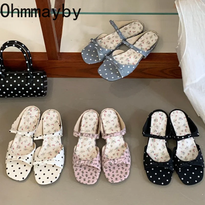 Neue Sommer-Slipper mit Schmetterlingsknoten und Polka Dots für Damen, elegante offene Schuhe mit mittelhohem Absatz, für den täglichen Gebrauch im Freien, elegante Pantoletten.