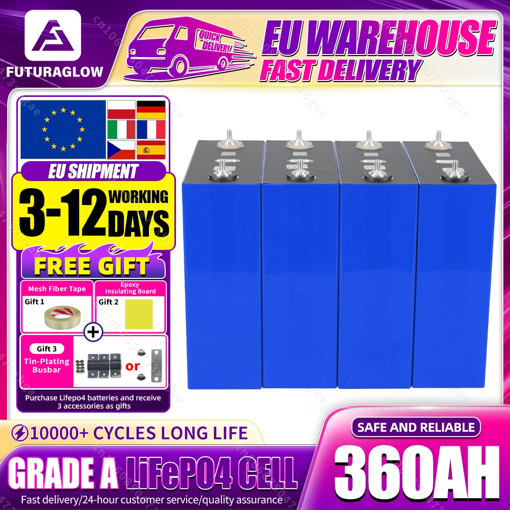 Futuraglow Hochleistungs-360Ah-LiFePO4-Batterie EU-Lagerbestand Schnelle Lieferung 3,2V Lithium-Eisenphosphat-Akkuzellen der Klasse A Brandneu 10000+ Zyklen Mit 3 Zubehörgeschenken Für DIY 12V 24V 48V Image