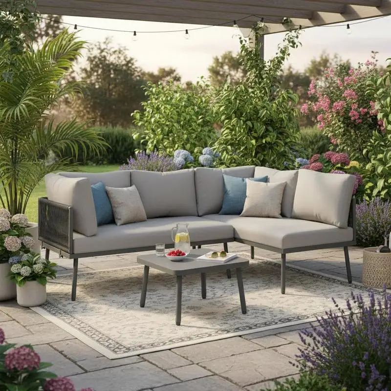 Garten-Lounge-Set aus Eisen, Gartenmöbel-Set aus grauem Seil, L-förmiges Gartenmöbel-Set, Lounge-Set aus grauem Seil mit Sitzkissen, verstellbaren Füßen, 2 Sofas und 1 Tisch