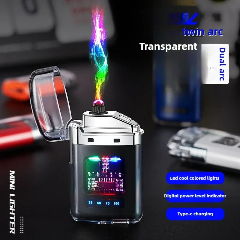 Transparentes, winddichtes Doppelbogen-USB-Feuerzeug mit elektronischem Impuls, LED-Farblicht, Batterieanzeige, tragbare elektrische Typ-C-Feuerzeuge Image