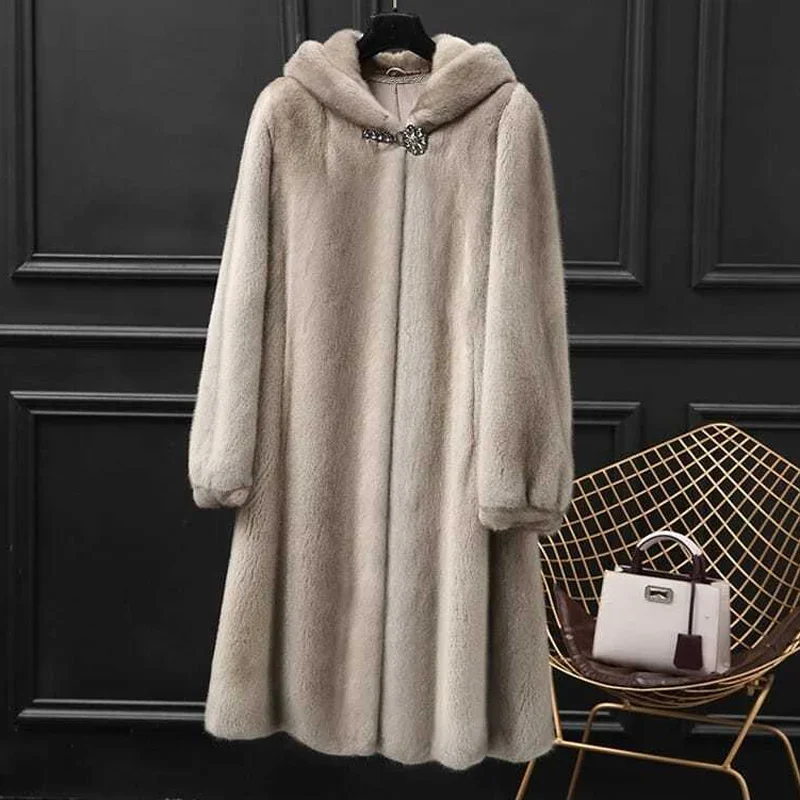 Pop 2024 neue Frauen Winter Warme Mit Kapuze Jacke Nachahmung Nerz Pelzmantel Weibliche Mid-Lange Pelzmantel Nerz Weibliche übergroße Mutter Winte Image