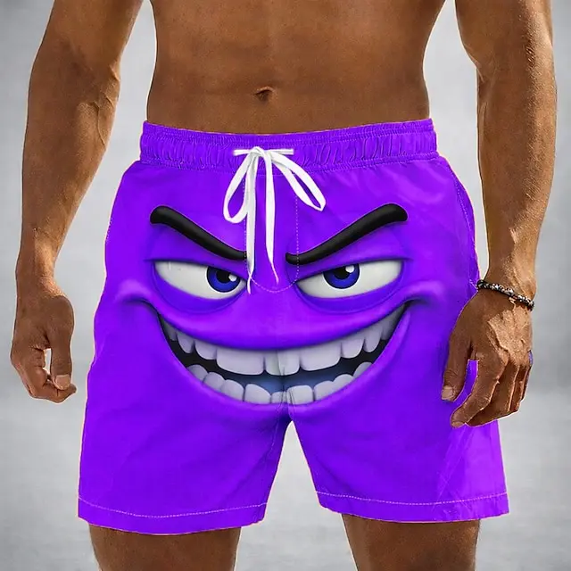 Herren-Badehose mit optischer Täuschung, 3D-Cartoon-Motiv, Smiley-Gesicht, Badeshorts, Boardshorts, mittlere Taille, hawaiianische Strandshorts, Urlaubskleidung Image