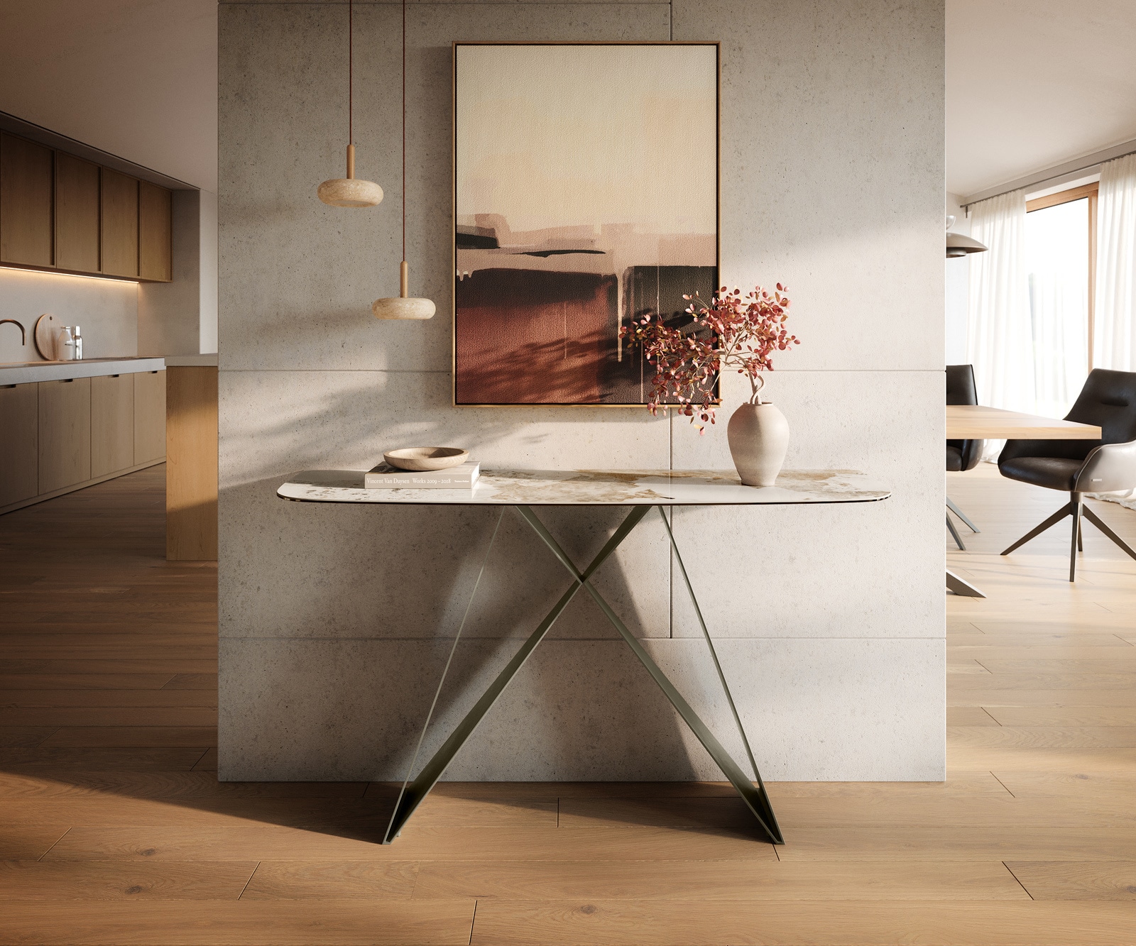 DELIFE Konsolentisch Edge Boot 140x40 cm Keramik Minas Melange Weiß-Beige Velio Metall Effektfinish Titan, Konsolentische Image