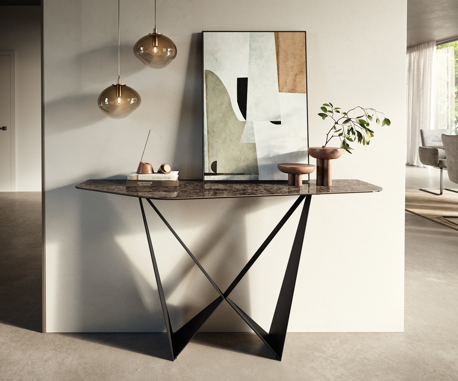 DELIFE Konsolentisch Edge Polygonal 140x50 cm Keramik Emperador Extra Lucidato Dunkelbraun Spios Metall Schwarz, Konsolentische