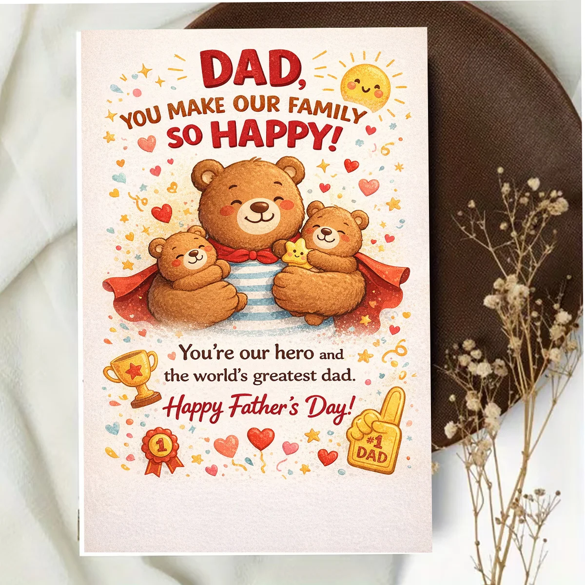 1 Lächelnder Bär mit zwei Bären und Herz für Papa, süße Vatertagskarte Image