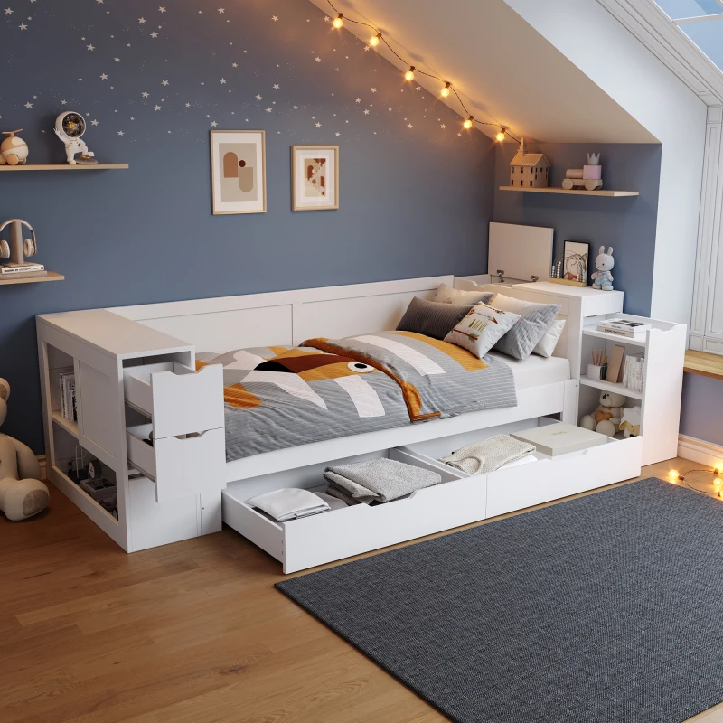 Kinderbett, Tagesbett, 90 x 200 cm, Einzelbett, multifunktionales Kinderbett mit Schubladen, Regalen und Stauraum, mit Nachttisch, mit Stauraum, ohne Matratze, weiß Image