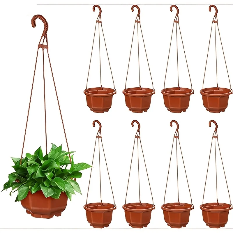 20-teiliges Gemischtes Hängepflanzgefäß-Set 10 Töpfe 10 Haken Drainage-Tablett Kettenbefestigungen Innen- und Außenbereich Garten Balkon Hängende Blumentöpfe Image
