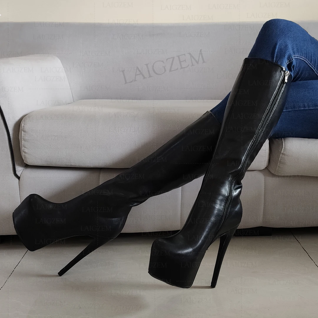DOHBANER Damen-Kniehohe Stiefel, Plateau-Stiefel aus Kunstleder mit Reißverschluss, superhohe Absätze, hohe Stiefel, Damenschuhe, große Größen 40, 43, 47, 52