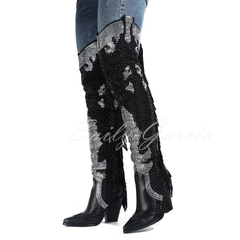 Fashion Runway Quaste Farbblockierter Strass Overknee-Stiefel Funkelnder Kristall-Fransen Dicker Absatz Damen-Oberschenkelhoher Stiefel Image