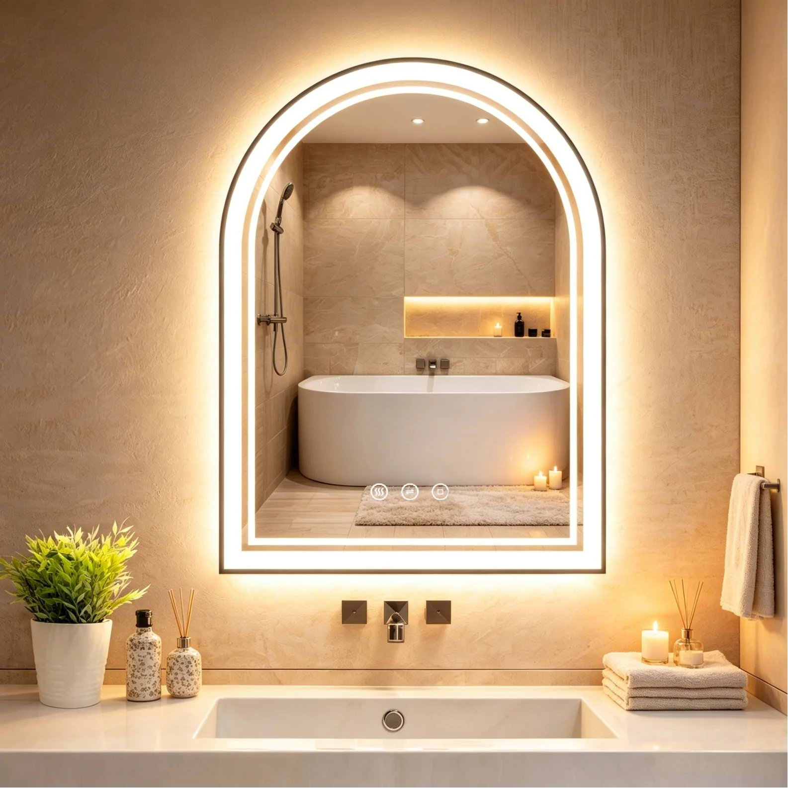 80x60cm Schwarzer Gewölbter Bogen LED Badspiegel mit Beleuchtung | Touch‑Schalter, 3 Lichtfarben, stufenlos Dimmbar, Beschlagfrei, Sicherheits‑Temperglas, Wandmontage Badezimmerspiegel