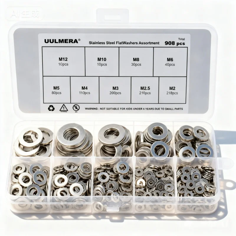 908-teiliges Sortiment an flachen Unterlegscheiben aus Edelstahl 304, M2-M12, Metallunterlegscheiben für Schrauben, Bolzen und Hardware Image