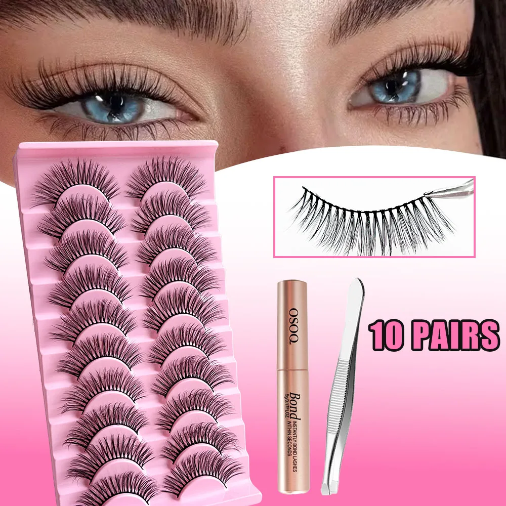10 Paar lange Wimpern inklusive Metallpinzette und weißem Kleber, geeignet für DIY Image