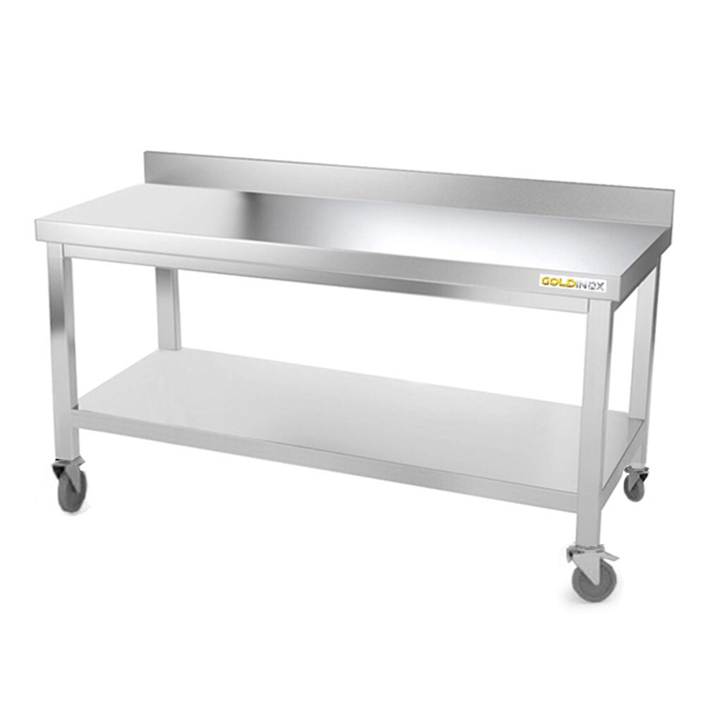 Arbeitstisch aus Edelstahl mit Unterbau 1500 x 700 mm auf PREMIUM-Rollen. GOLDINOX Image