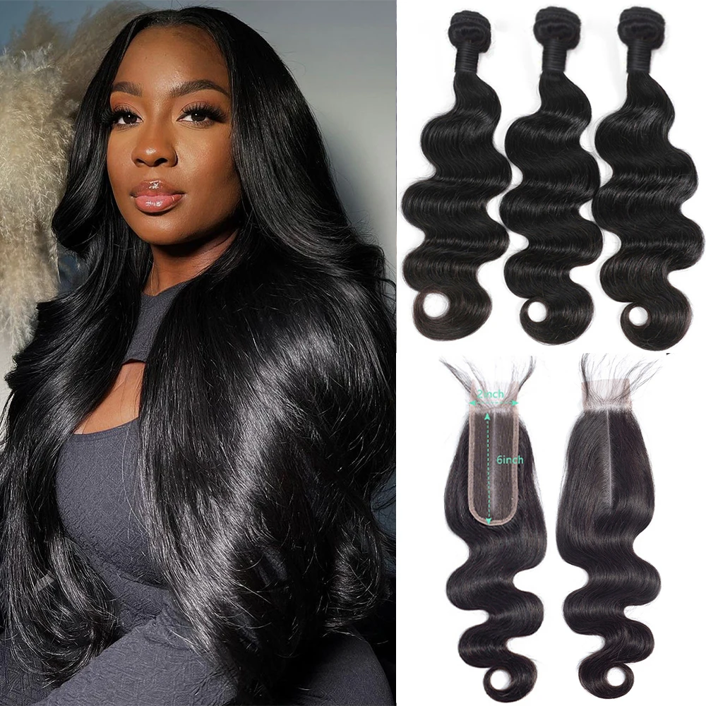15A Körper Welle Bundles Menschliches Haar Mit Verschluss 32 Zoll Bundles 100 % Menschliches Haar 2x6 Transparent verschluss Mit Bundles Menschliches Haar Image