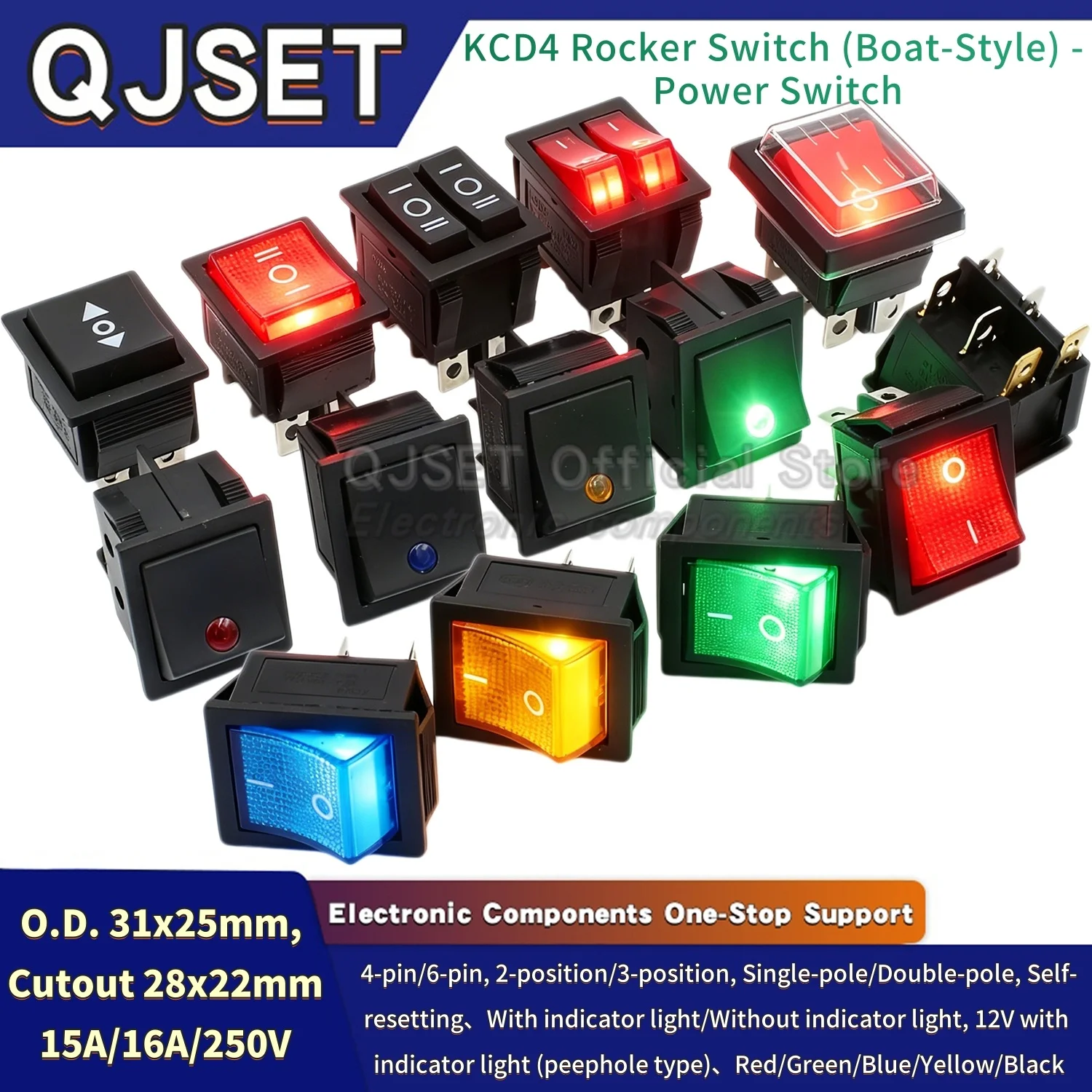 1 Stück 25*31mm EIN/AUS Verriegelnder Wippschalter Netzschalter I/O 4/6 Pins mit Licht 16A 250V 220V 20A 125VAC KCD4 2/3 Positionen Image