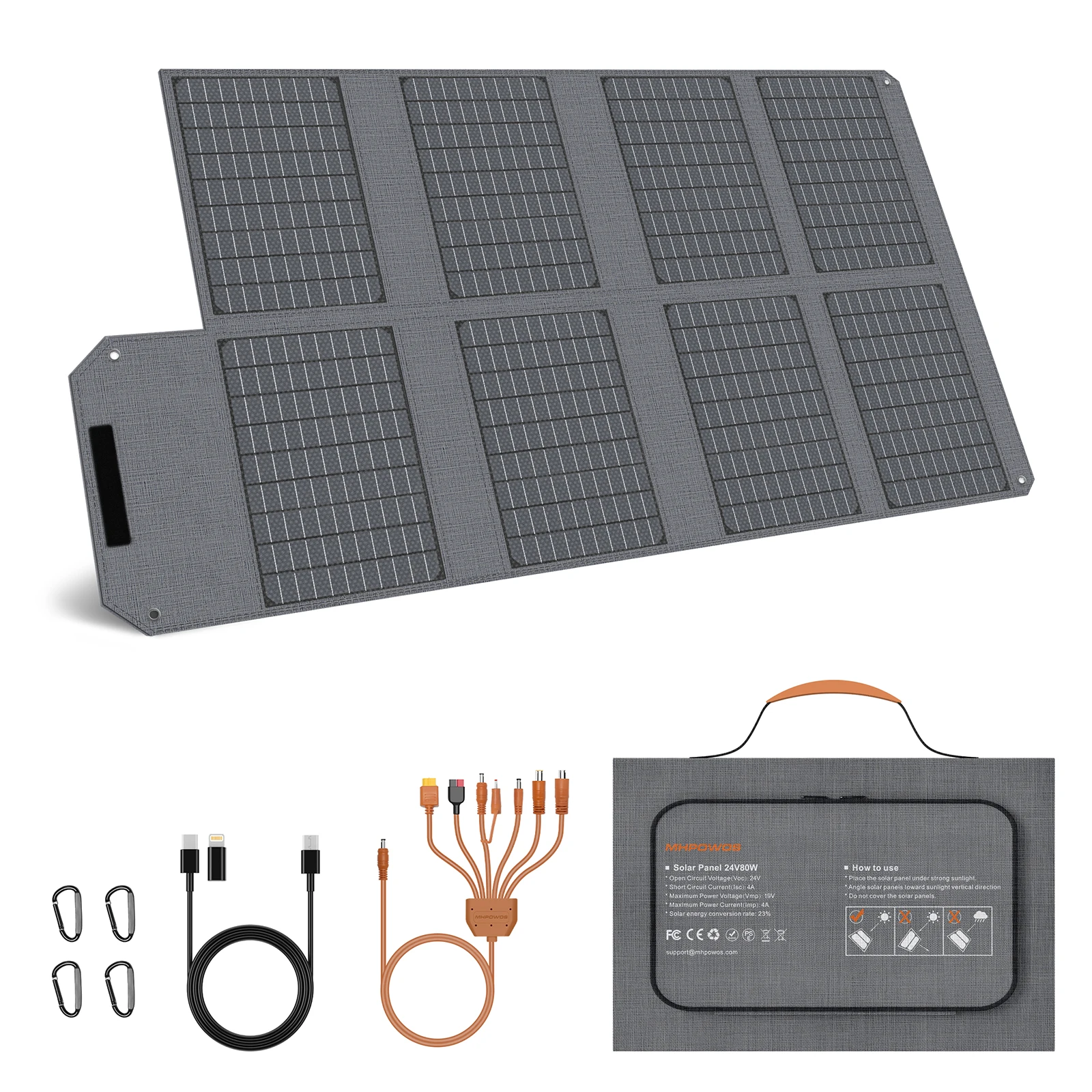 MHPOWOS 80 W faltbares Solarpanel, tragbares Netzteil mit 4 Anschlüssen (DC/USB-C/2xUSB-A) und 7-in-1-Anschluss für Notfall-Backup Image