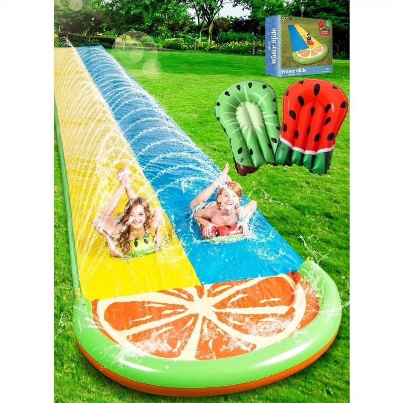 Sloosh 22,5 Fuß Wasserrutsche mit 2 Rutschen, 2 Gleitbahnen und Sprinklern, Garten-Sommer-Spielzeug für draußen Image