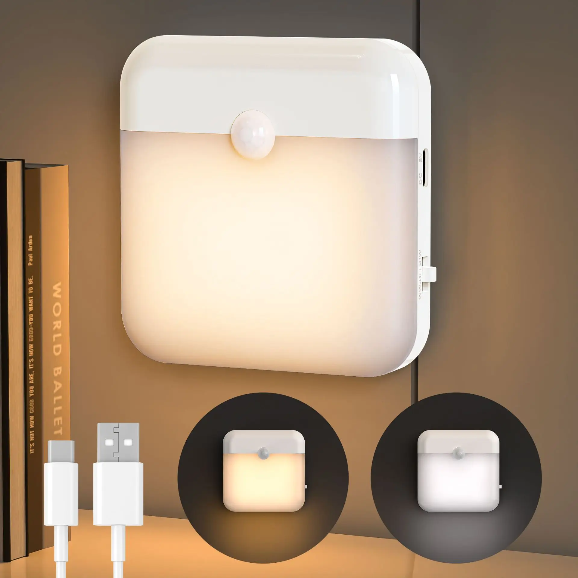 Runtowo Bewegungssensor LED-Licht USB-Aufladung Quadratische Lampe Schlafzimmer Küche Treppe Flur Kleiderschrank Schrank Beleuchtung Schranklicht Image