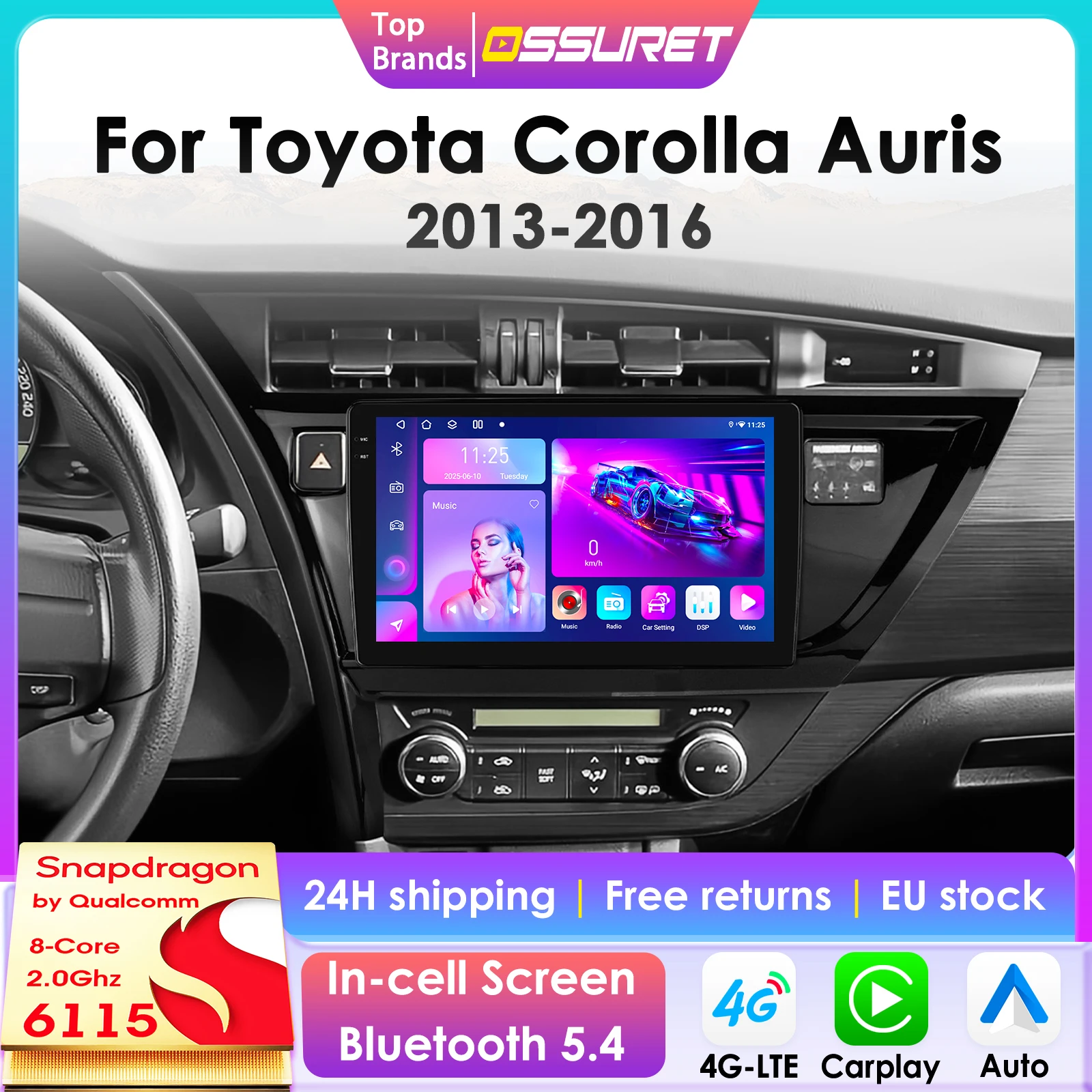 2Din Android 14 Auto Multimedia GPS Player Für Toyota Corolla Auris 2013-2016 Carplay 4G Intelligente Bildschirm autoradio 360 Kamera Image