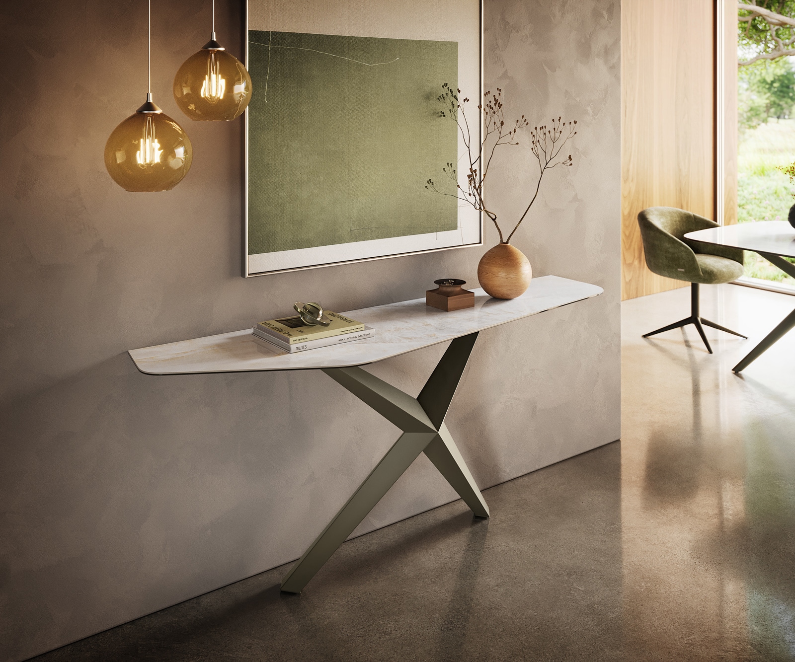 DELIFE Konsolentisch Edge Polygonal 180x50 cm Keramik Onyx Pearl Zentharo Metall Effektfinish Titan, Konsolentische
