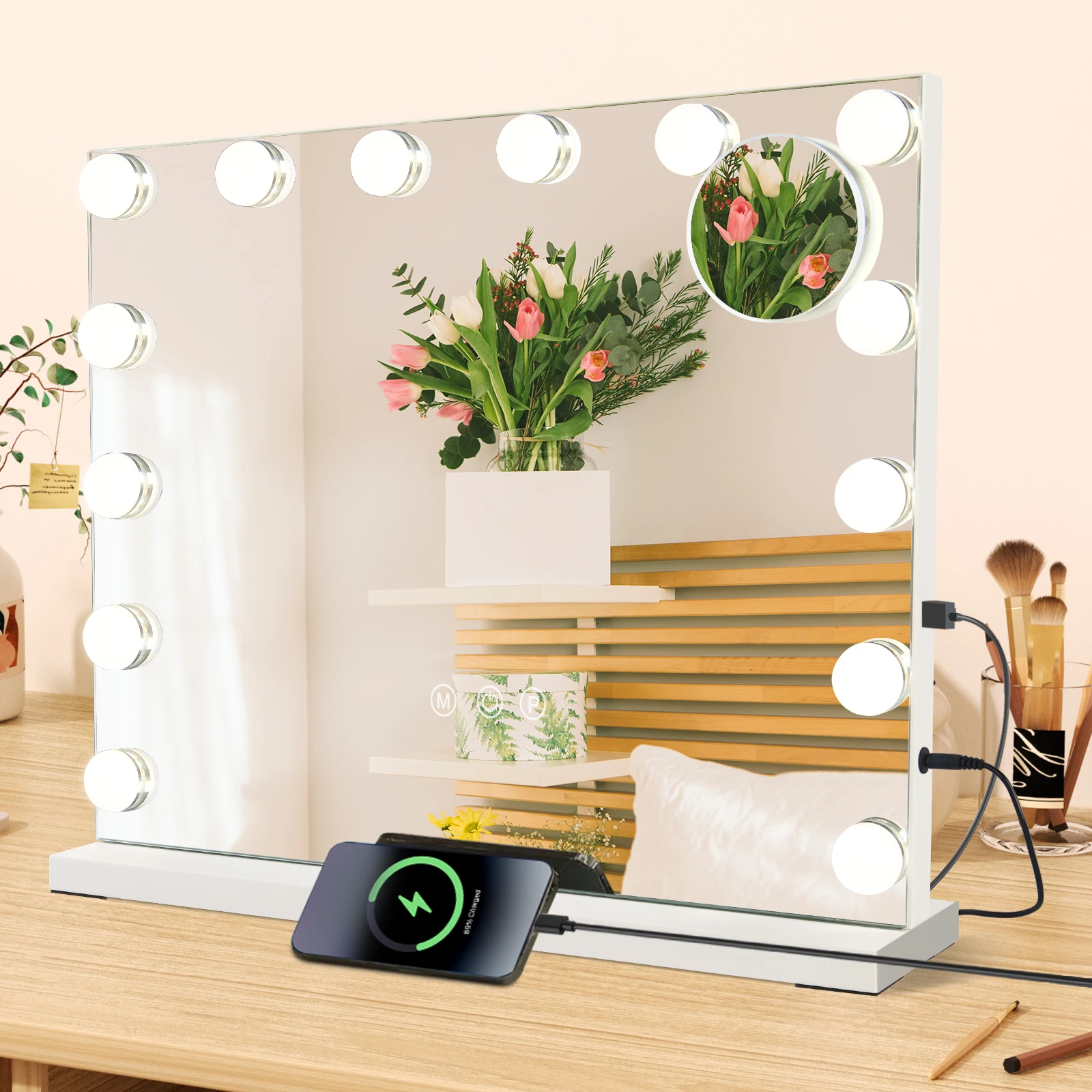 Hollywood Schminkspiegel 50x40cm Großer Make-up Spiegel 14 LEDs Dimmbar 3000K-6500K 3 Farbtemperaturen USB Ladeanschluss 5X Vergrößerungsspiegel Saugnapf CRI80+ Tischspiegel Kosmetikspiegel für
