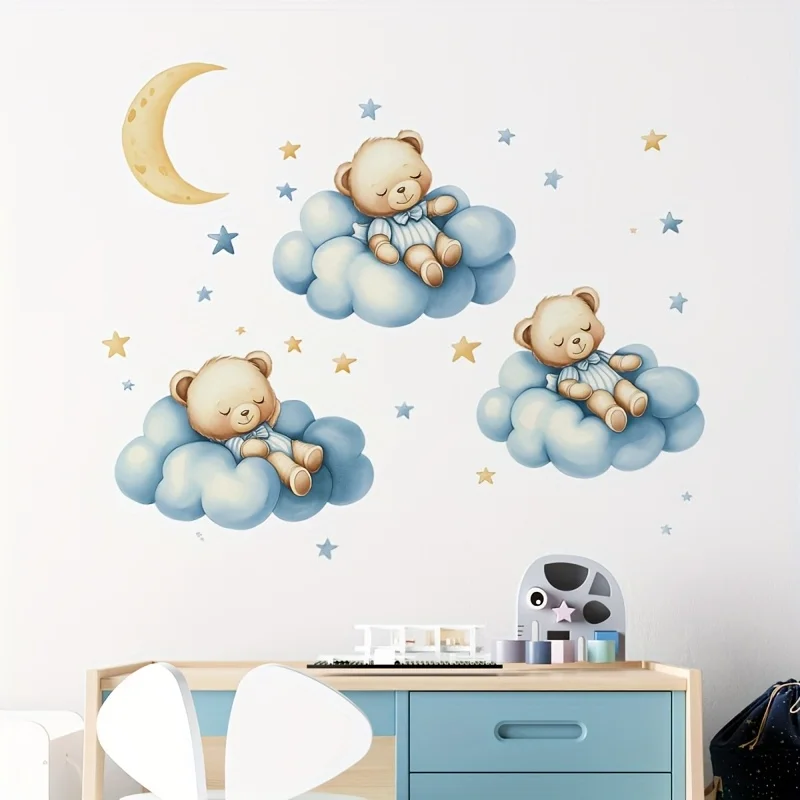 1 Stück bunte Nachthimmel Wolken schlafender Bär Aufkleber selbstklebende Wandtattoo für Wohnzimmer Schlafzimmer Zimmer Dekor