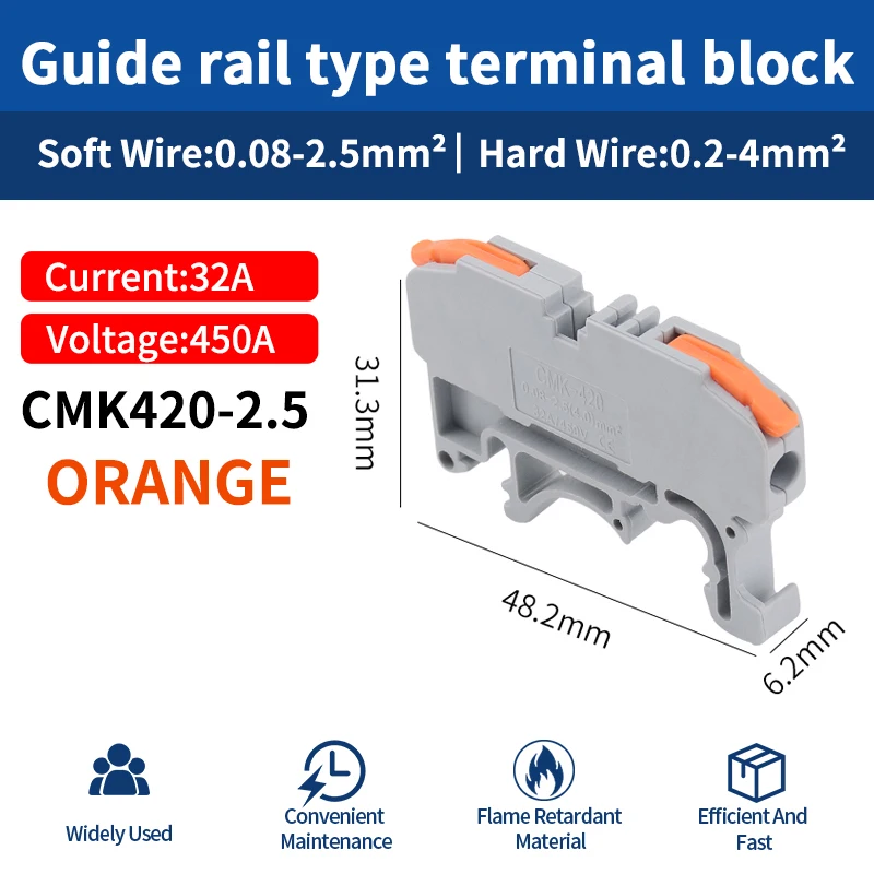 JINH CMK420 Einhebel-DIN-Schienenklemme mit Push-in-Drahtfreigabe, kompakter Leiterblock, orange Option für Elektronik Image